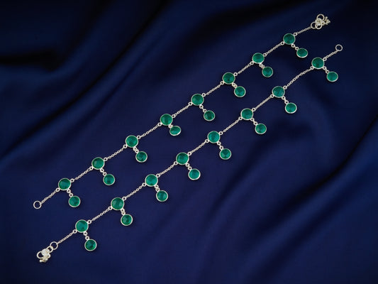 Emerald Droplets Silver Anklets