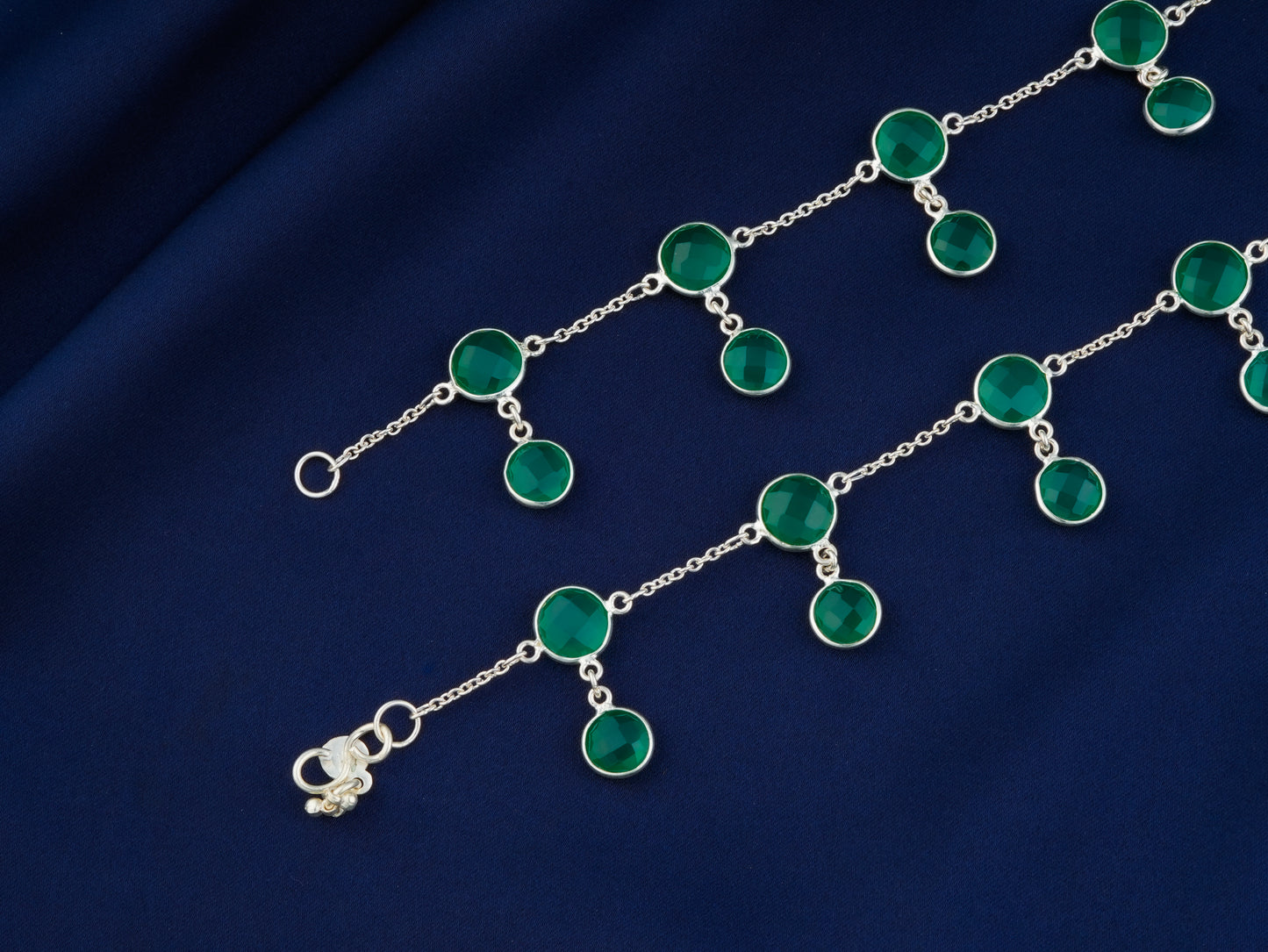 Emerald Droplets Silver Anklets