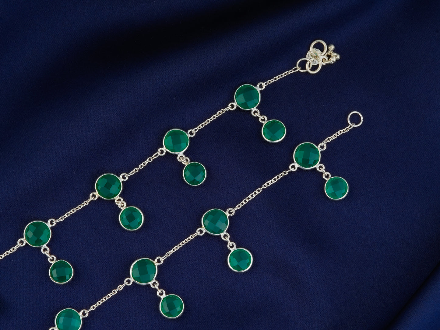 Emerald Droplets Silver Anklets