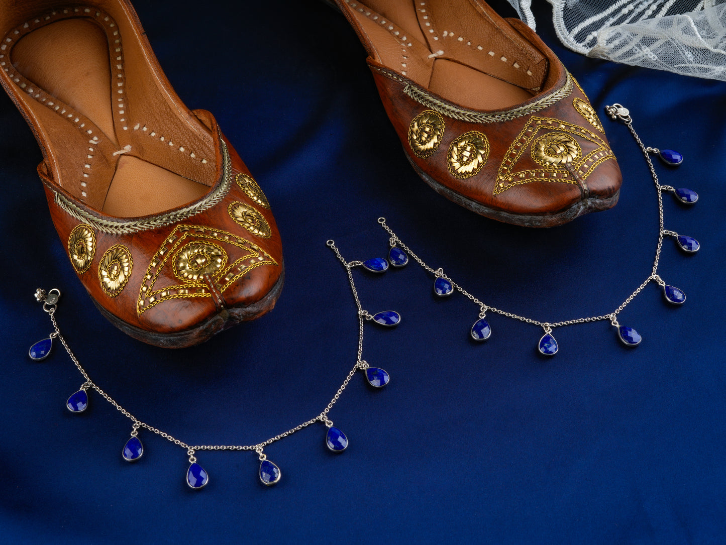 Lapis Lazuli Droplets Silver Anklets