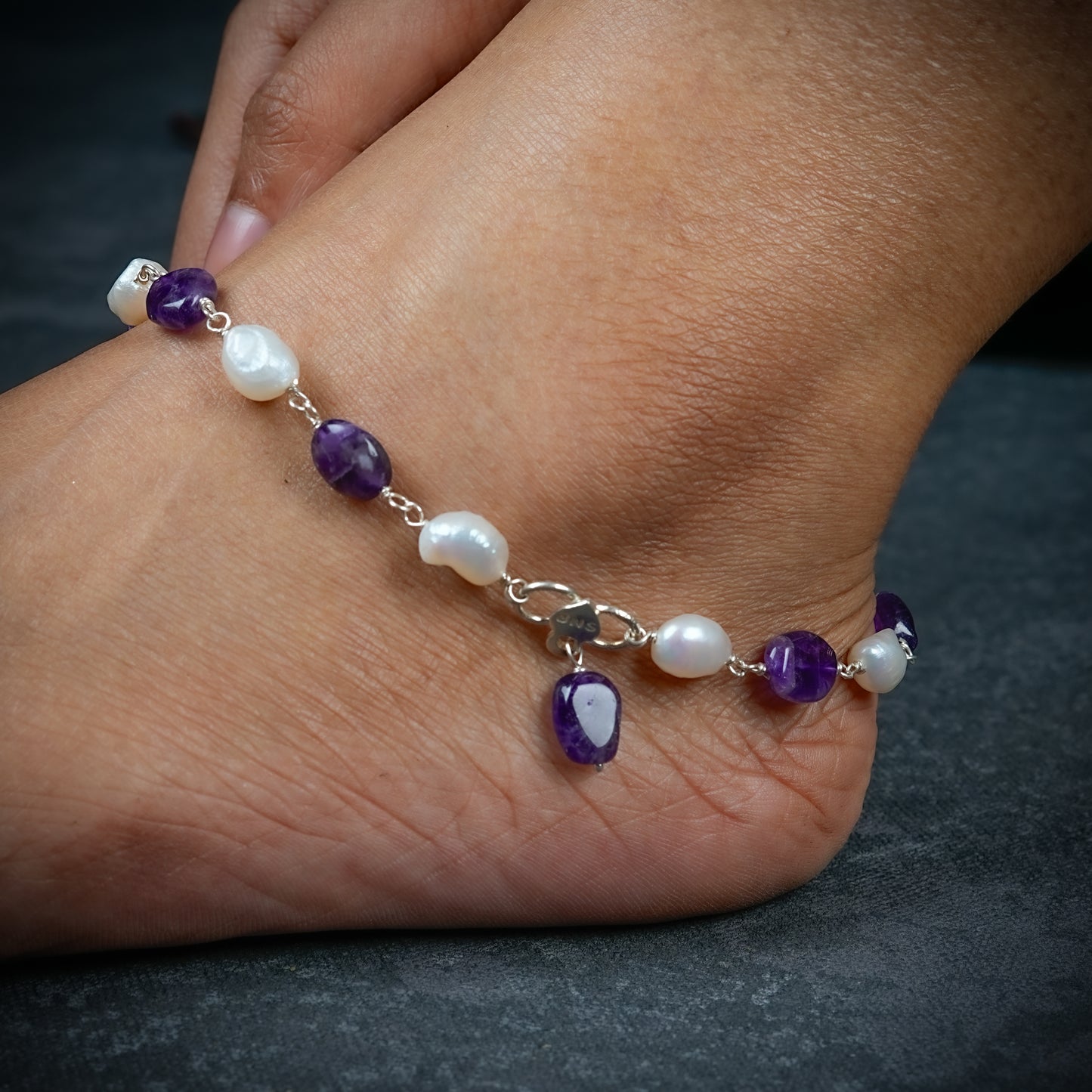 Pearl And Amethyst Unique Handmade Anklets