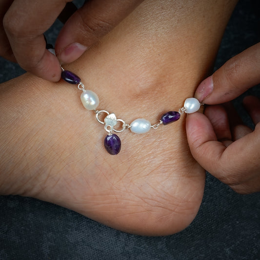 Pearl And Amethyst Unique Handmade Anklets