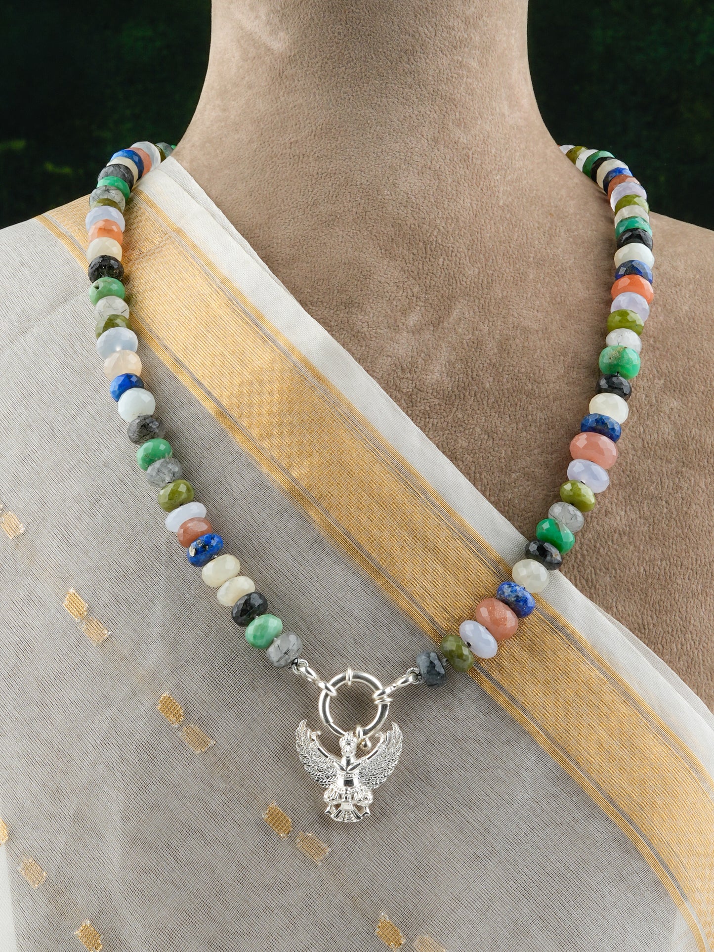 Flying Eagle Semiprecious Multi Stone Hand Knotted Necklace
