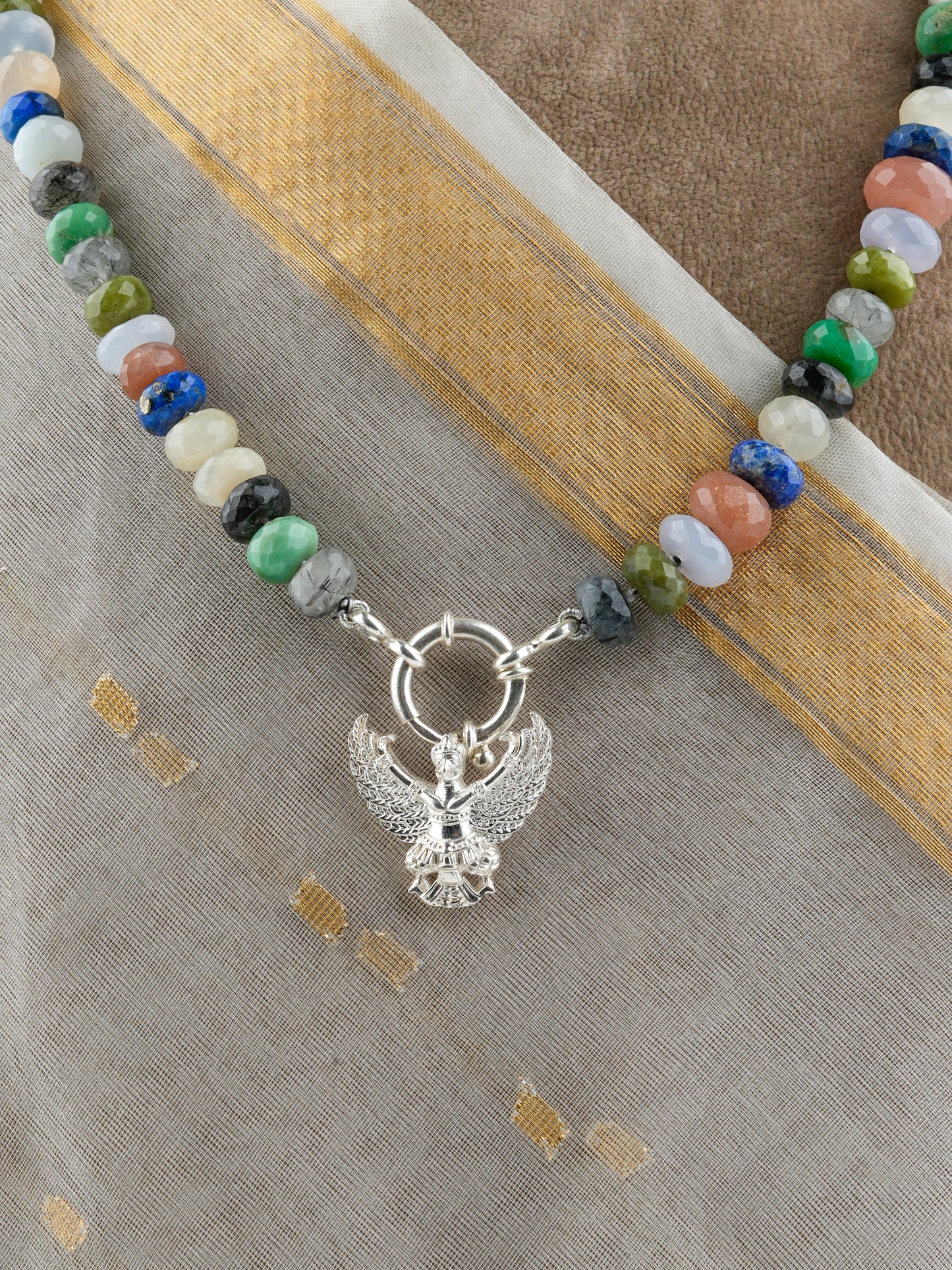 Flying Eagle Semiprecious Multi Stone Hand Knotted Necklace