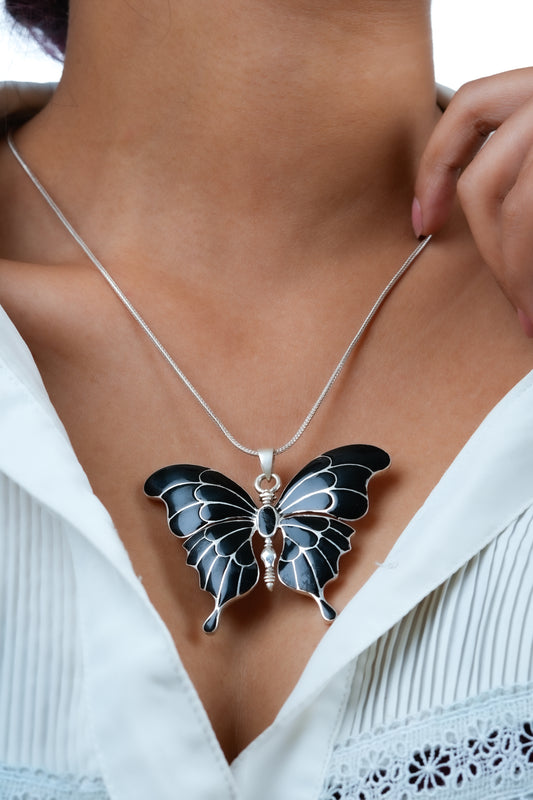 Black Onyx Silver Butterfly