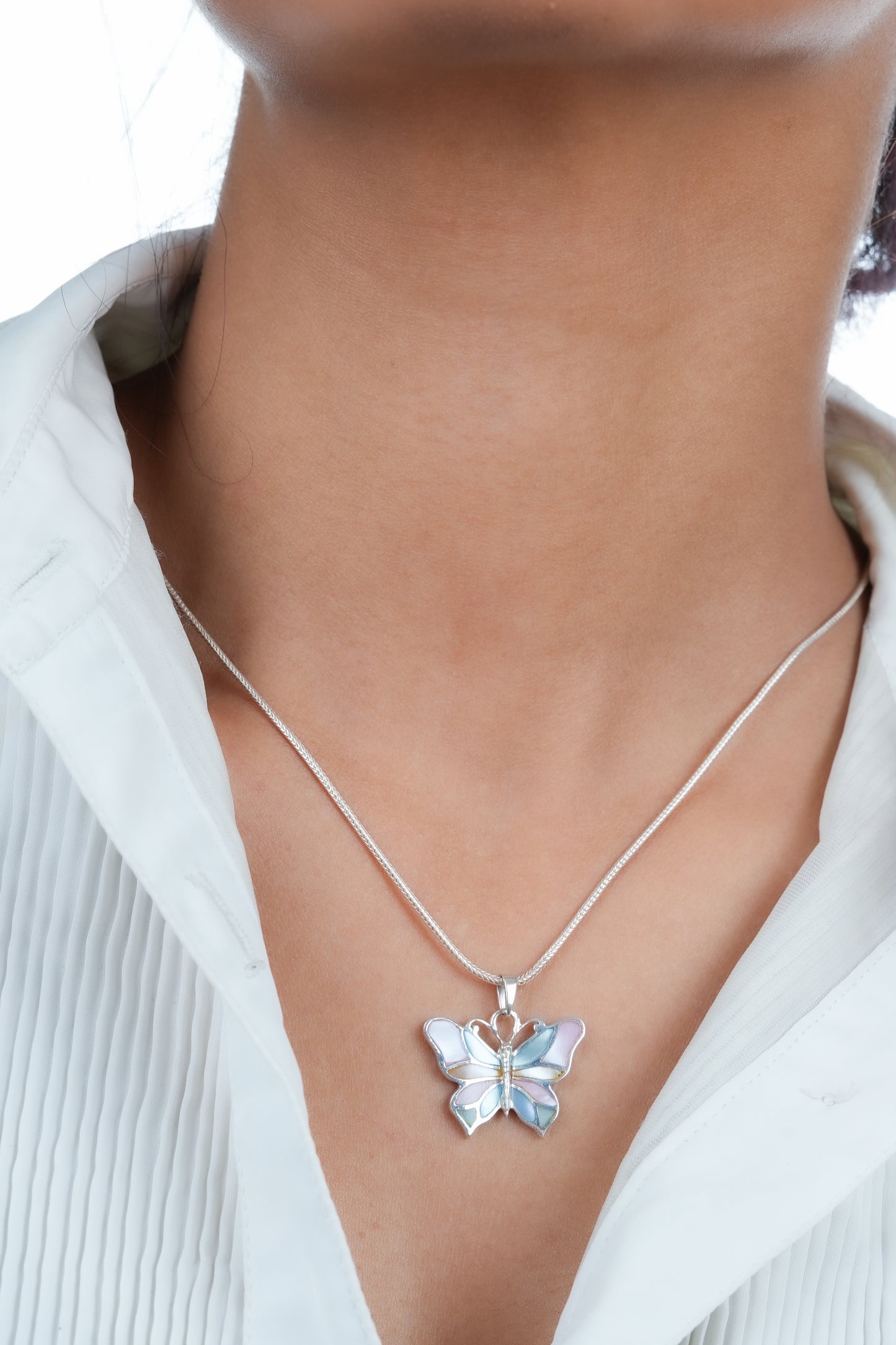 Rainbow MOP And Silver Butterfly Pendant