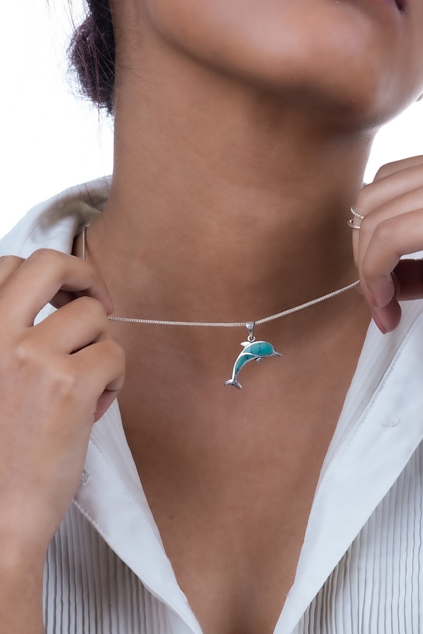 Teal Dolphins in Silver And Blue Opal