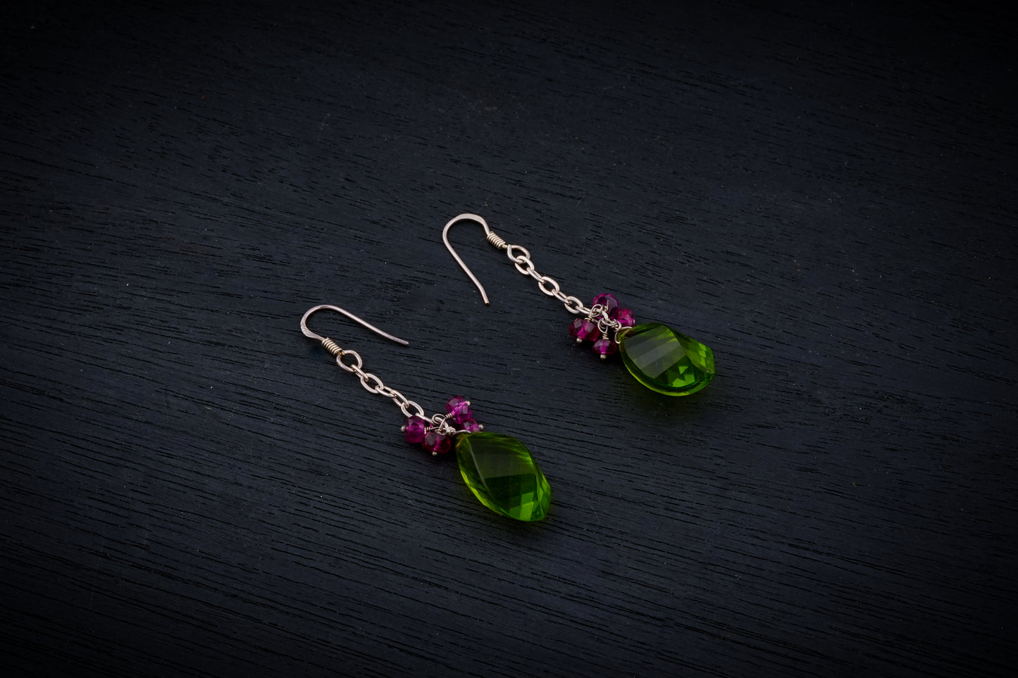 Peridot Green And Pink Silver Earrings