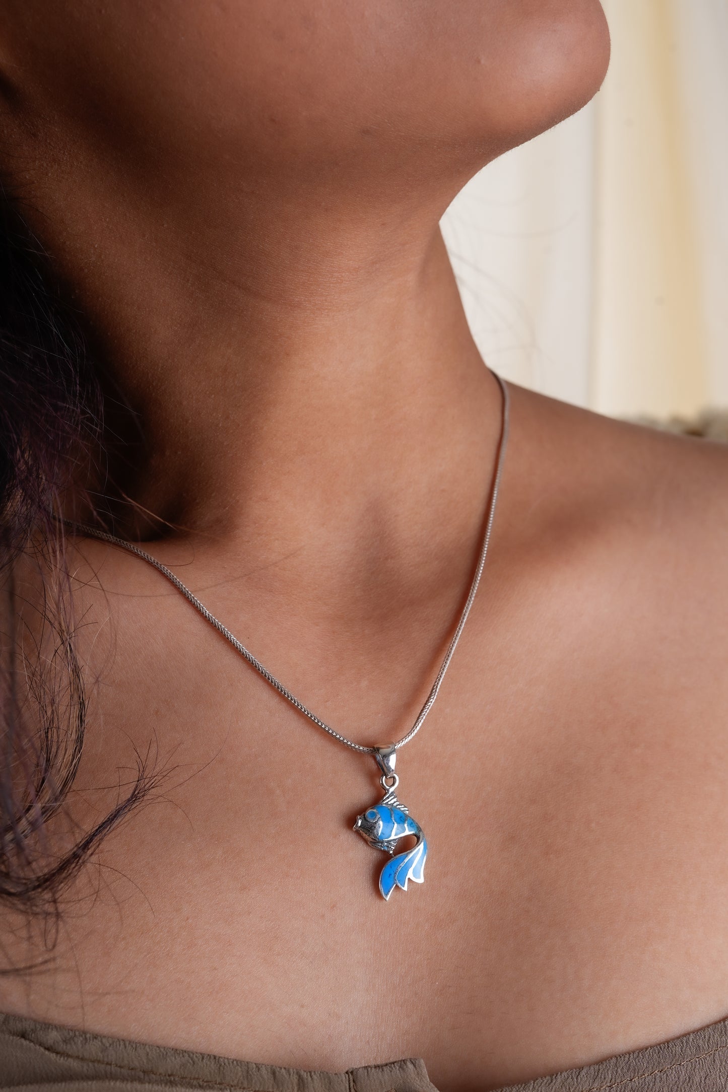 Blue Eyed Turquoise Inlay And Silver Fish Pendant