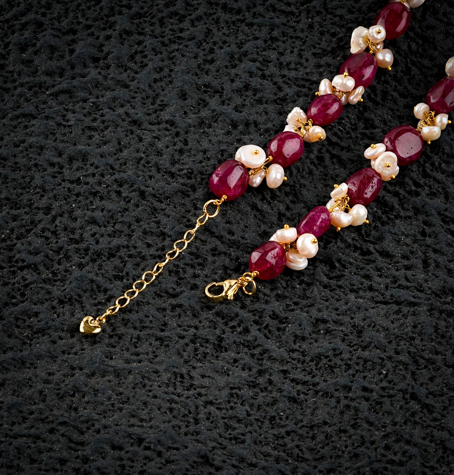 Ruby Coloured Quartz and Fresh Water Pearls Bracelet