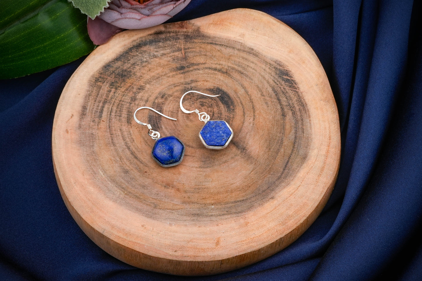 Hexagonal Stone Drop Silver Earrings