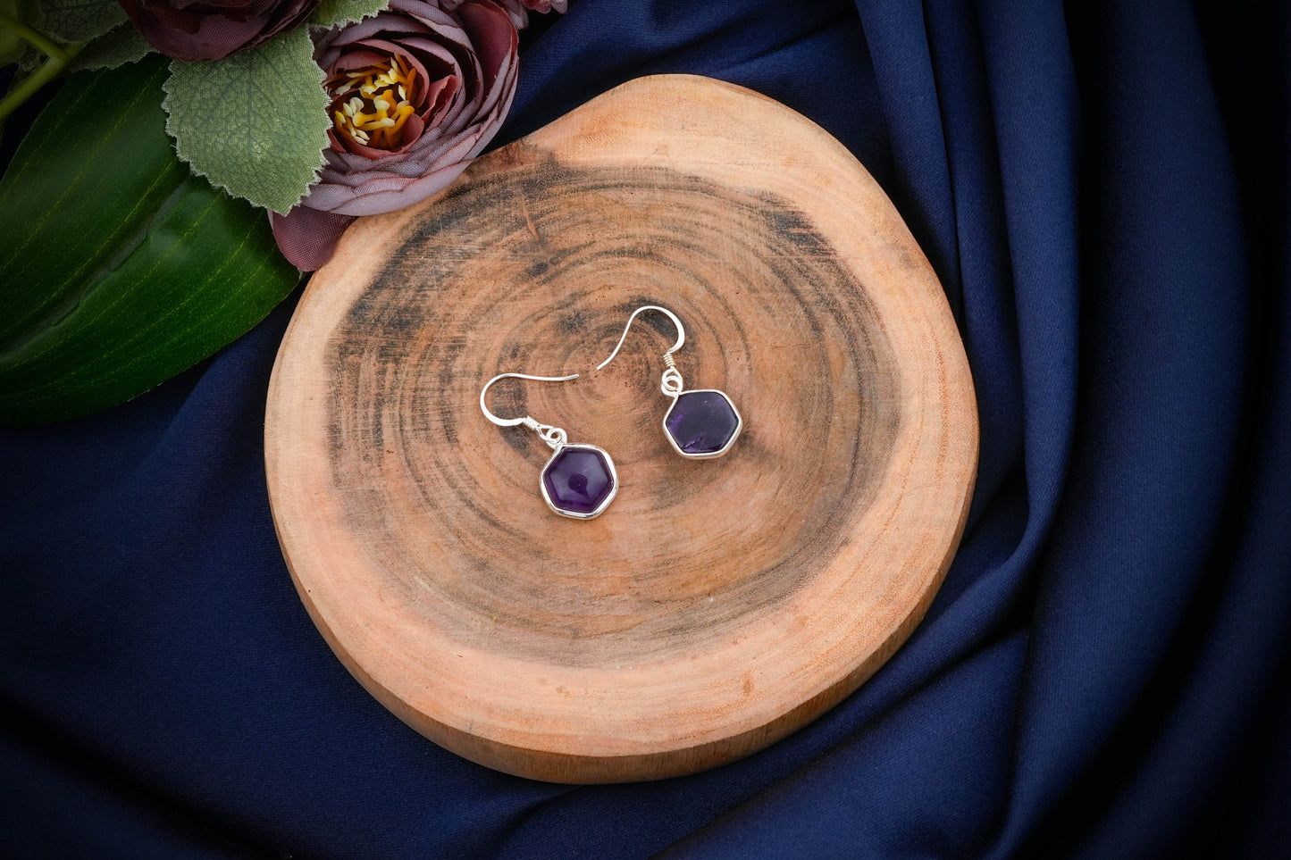 Hexagonal Stone Drop Silver Earrings