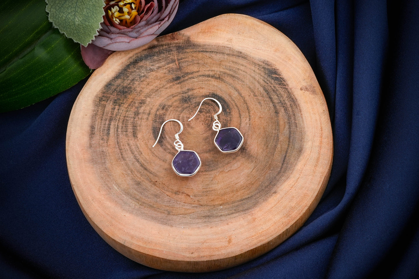 Hexagonal Stone Drop Silver Earrings