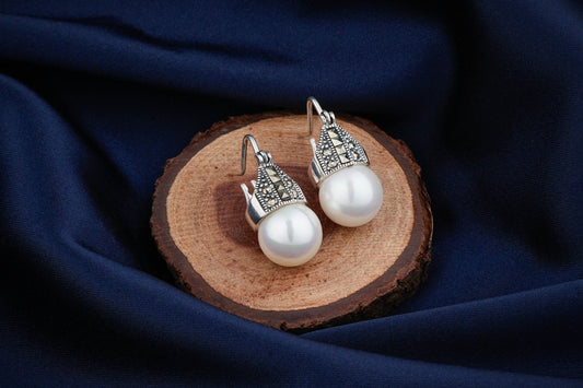 Silver Pearl Marcasite Earrings
