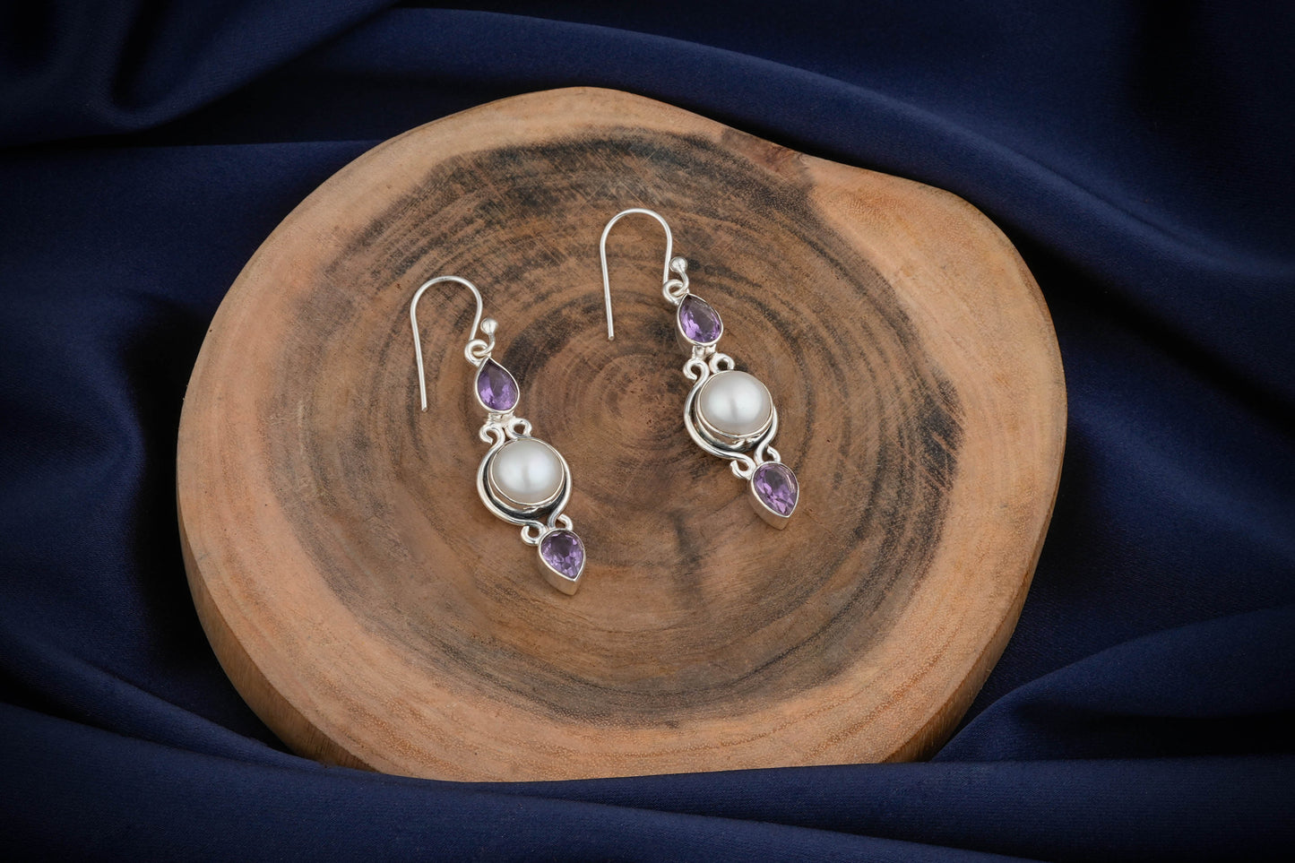 Silver Amethyst-Pearl-Amethyst Earrings