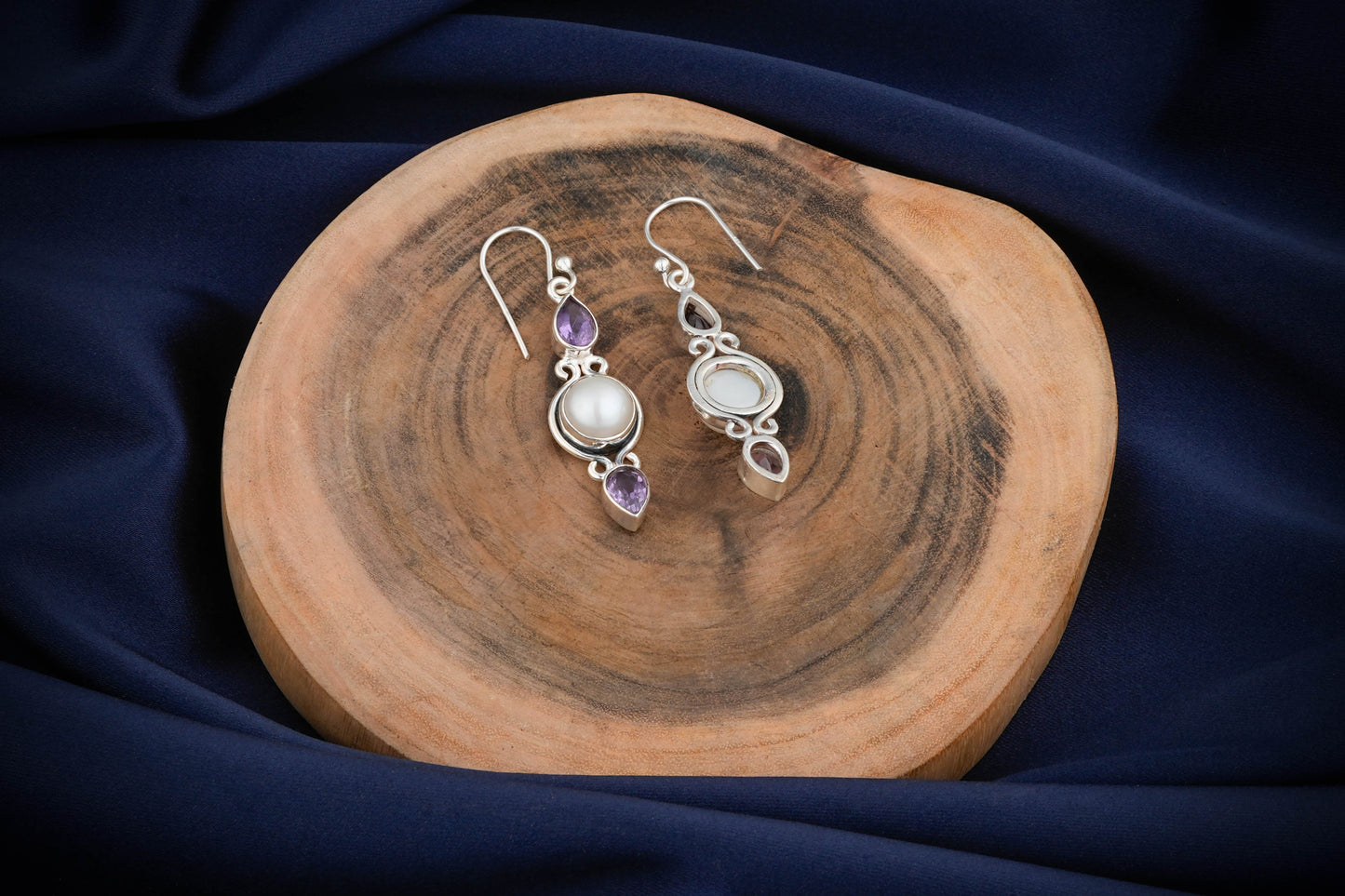 Silver Amethyst-Pearl-Amethyst Earrings