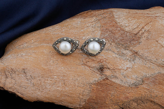 Silver Marcasite Pearl Eye Studs