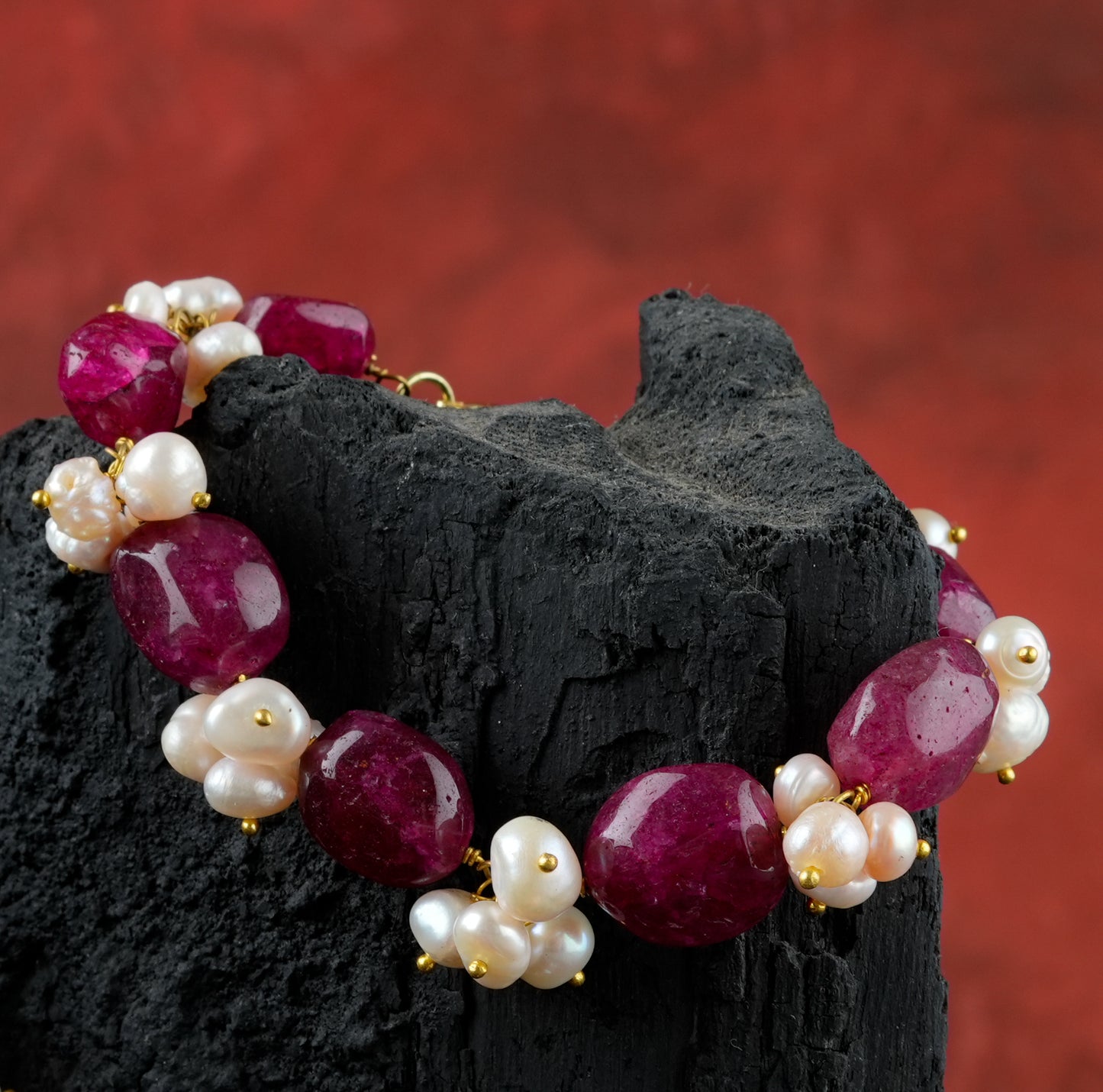 Ruby Coloured Quartz and Fresh Water Pearls Bracelet