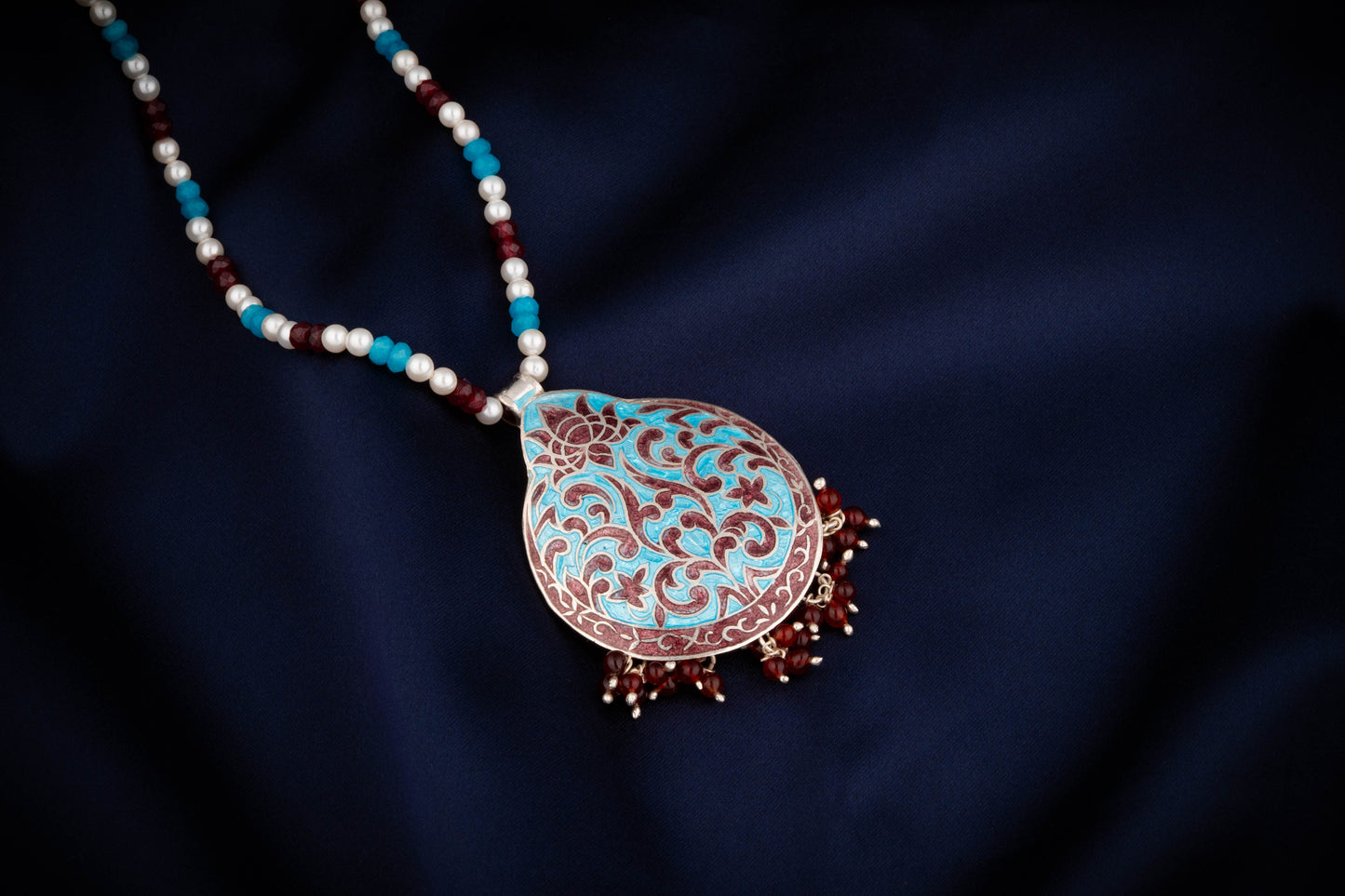 Hand Painted Enamel Lotus Silver Necklace Set