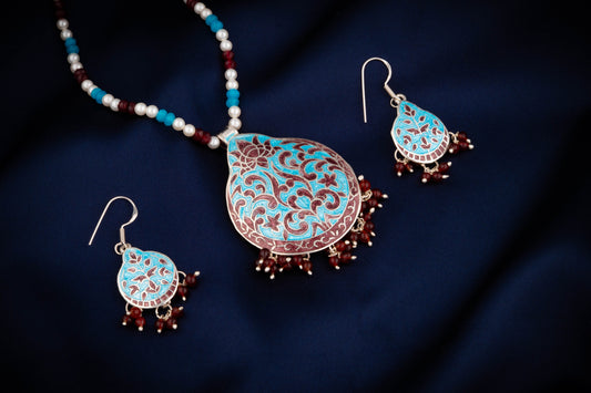 Hand Painted Enamel Lotus Silver Necklace Set