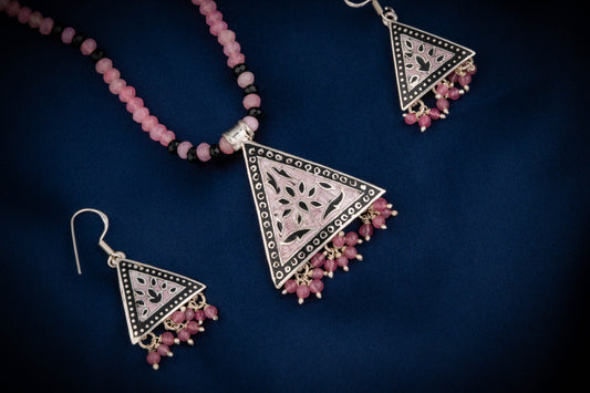 Hand Painted Pink Mystic Triangle Enamel Silver Necklace Set