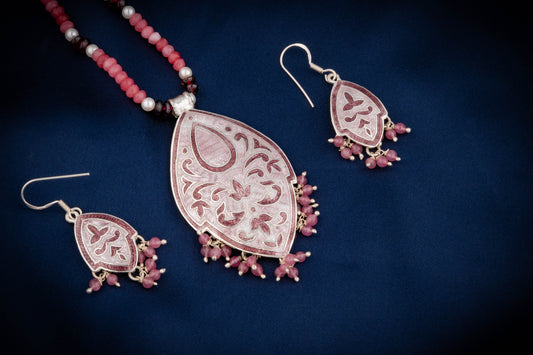 Hand Painted Kali Gulab Enamel Silver Necklace Set