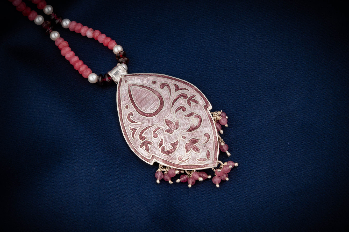 Hand Painted Kali Gulab Enamel Silver Necklace Set