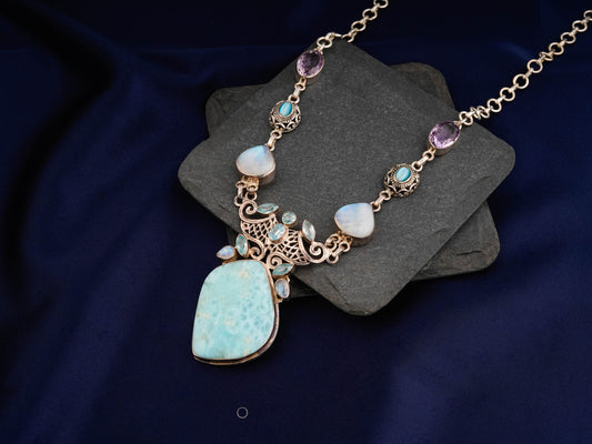 Larimar Multi Stone Silver Statement Necklace