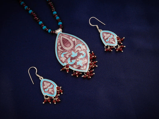 Hand Painted Kamal Kali Enamel Silver Necklace Set