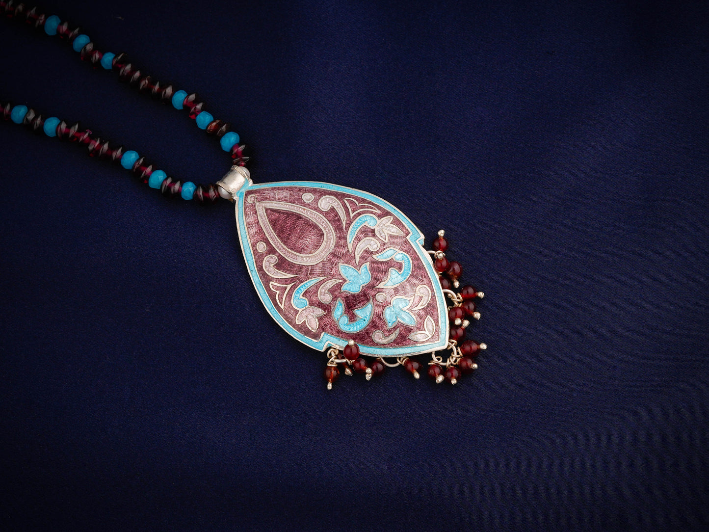 Hand Painted Kamal Kali Enamel Silver Necklace Set