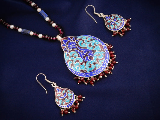 Hand Painted Blue Lotus Enamel Silver Necklace Set