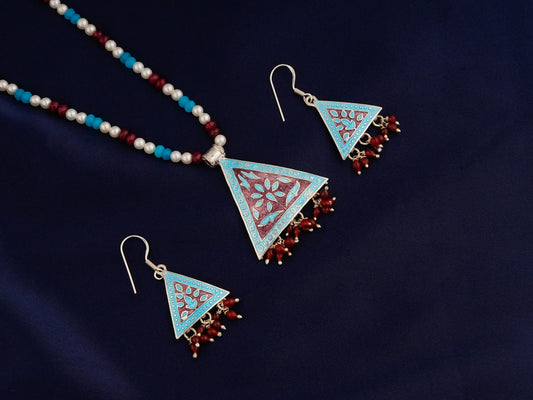 Hand Painted Mystic Triangle Enamel Silver Necklace Set