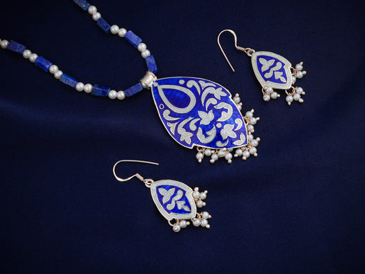 Hand Painted Neeli Kali Enamel Silver Necklace Set