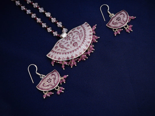 Hand Painted Chaand Enamel Silver Necklace Set