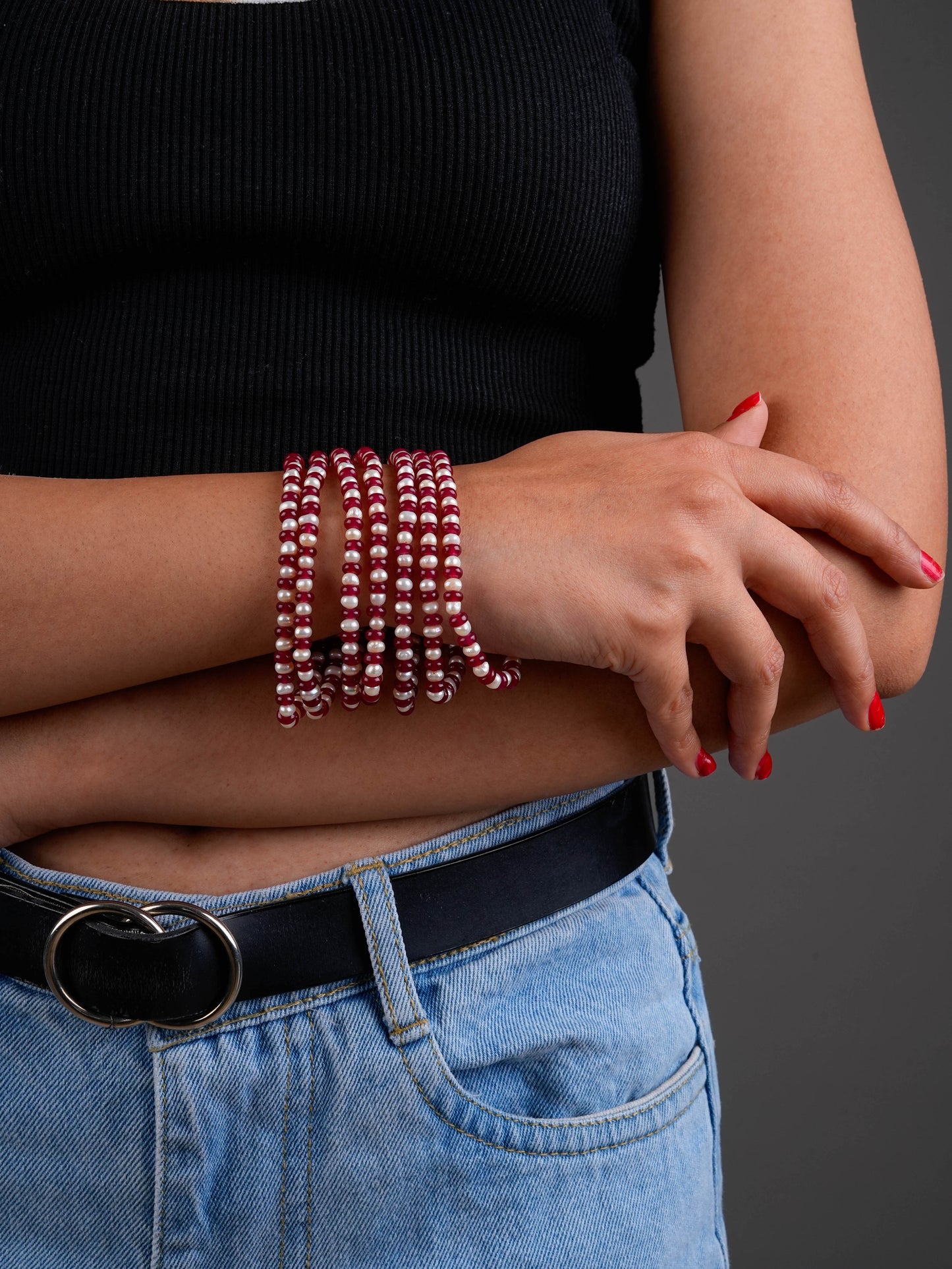 Kundan Pearls And Ruby Gold Plated Silver Bracelet