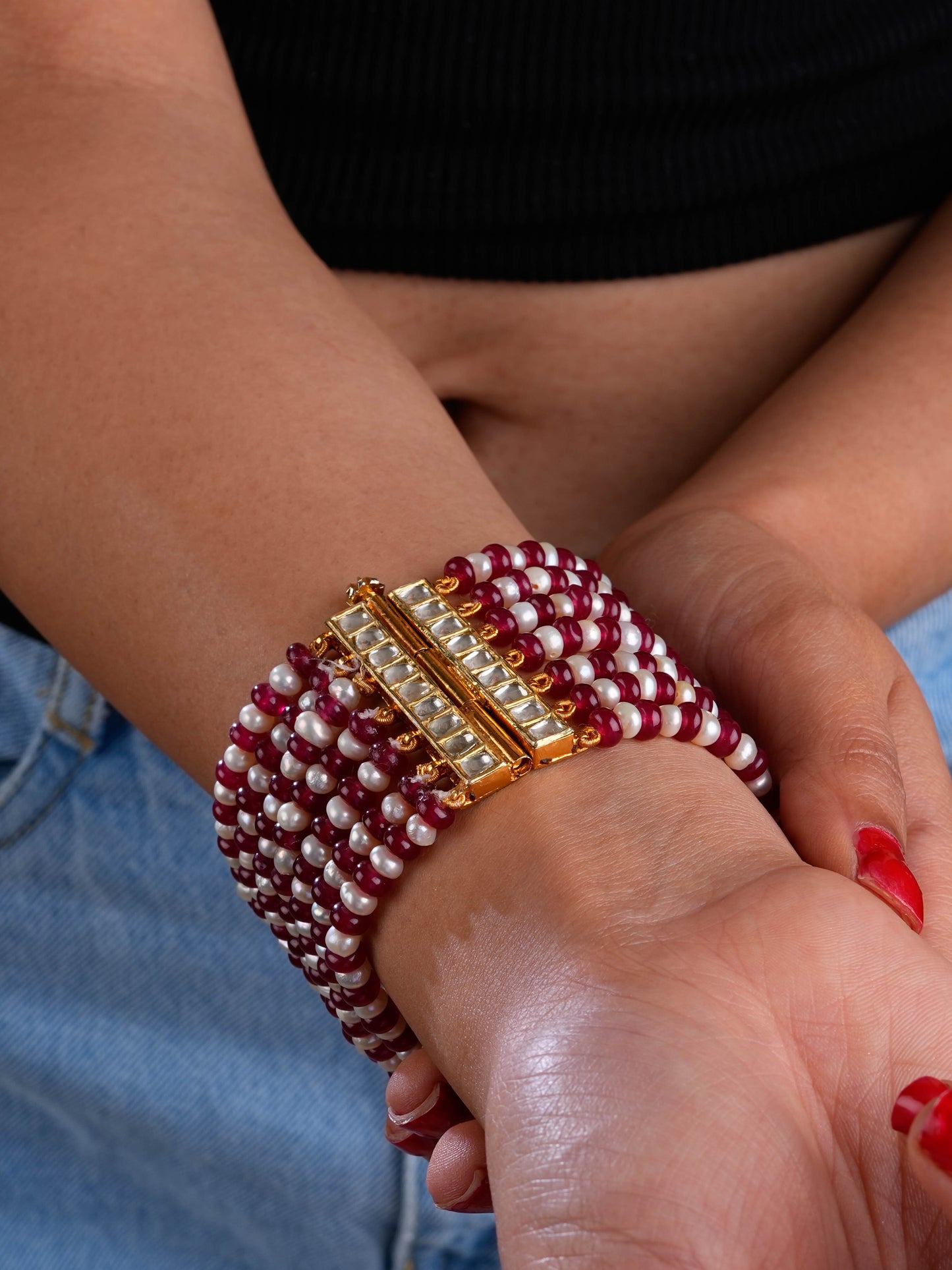 Kundan Pearls And Ruby Gold Plated Silver Bracelet