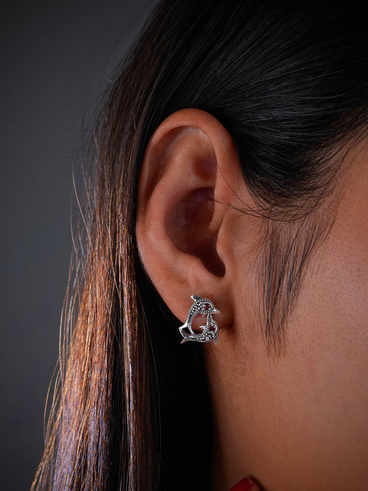 Garnet Glimmer Marcasite Fish Earrings