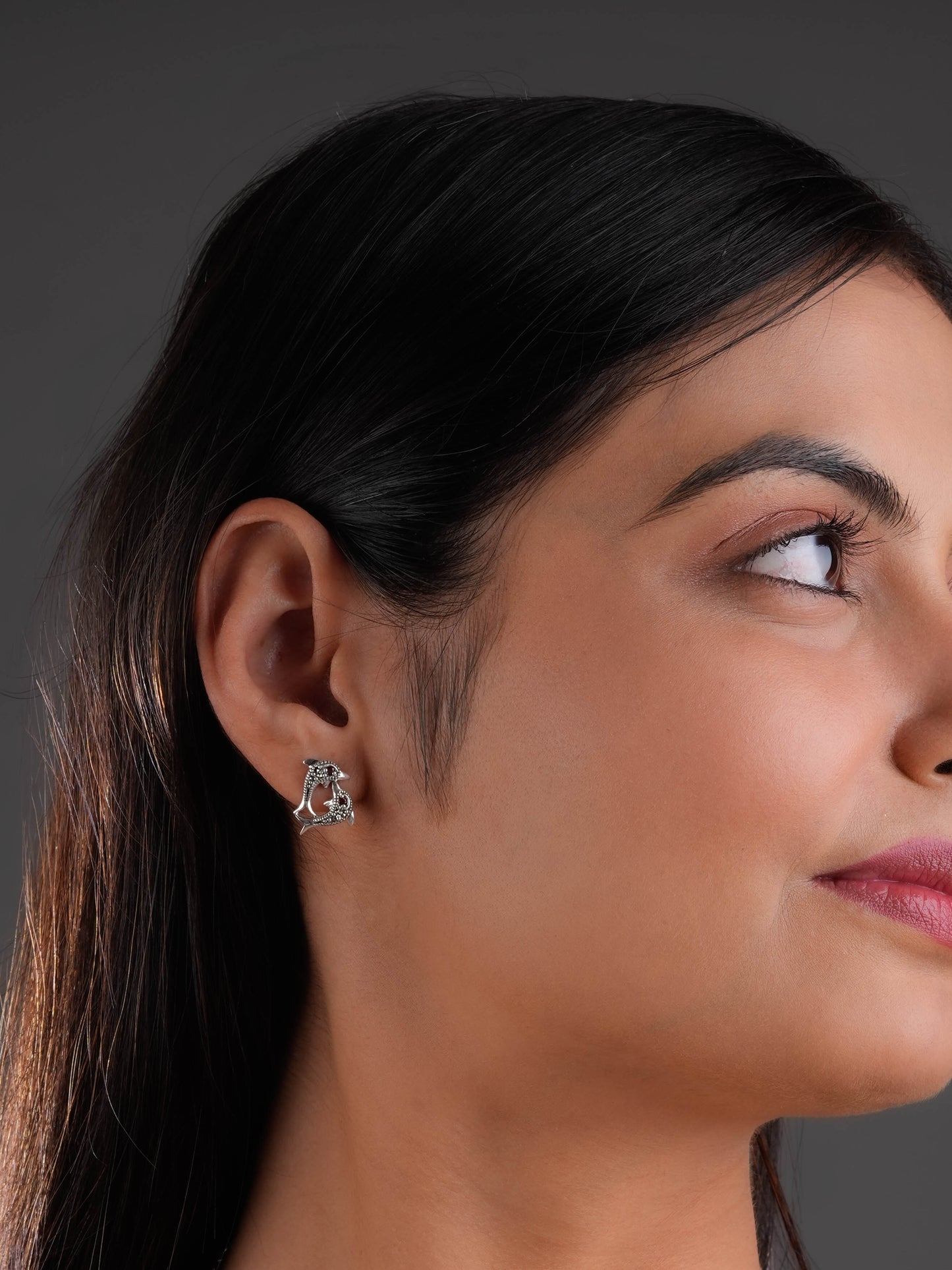 Garnet Glimmer Marcasite Fish Earrings