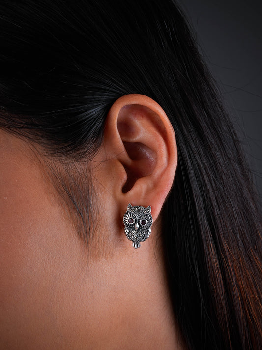Mystic Owl: Garnet and Marcasite Sterling Silver Earring