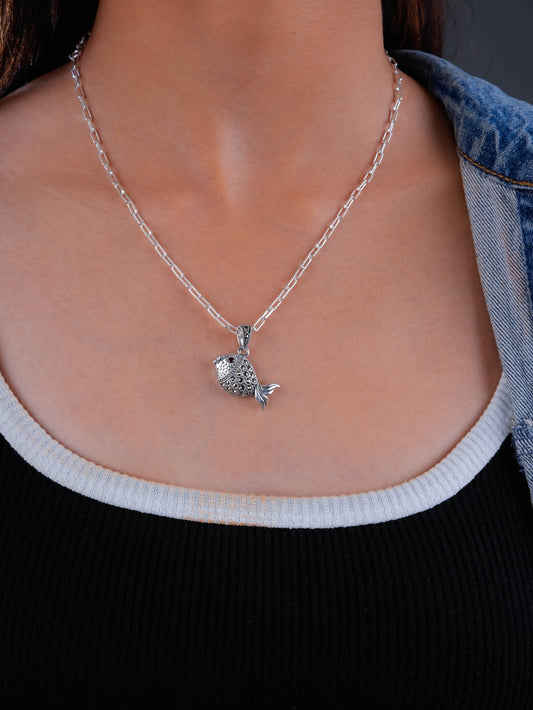 Garnet-eyed Silver Marcasite Fish Pendant