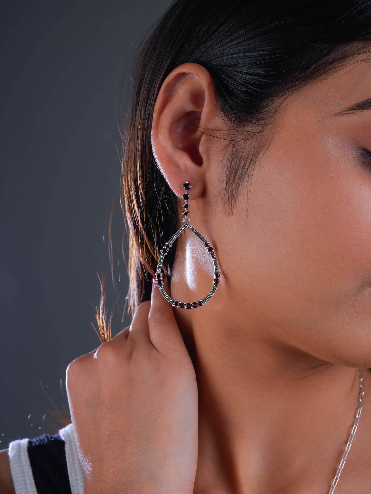 Circle Drop Earrings: Marcasite, Silver & Garnet