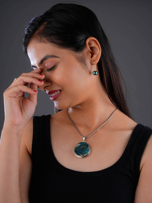 True Blue Chrysocolla Circular Silver Pendant