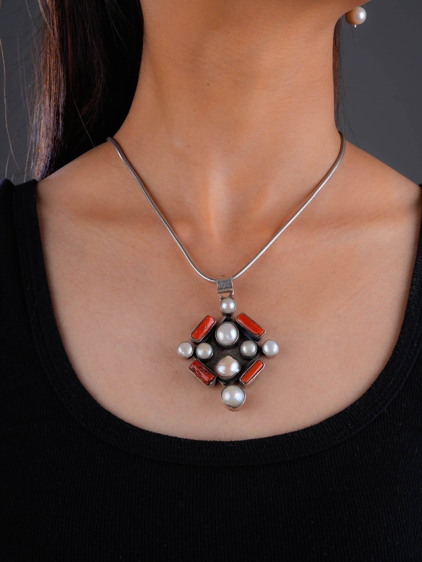Silver Pearl And Coral Pendant