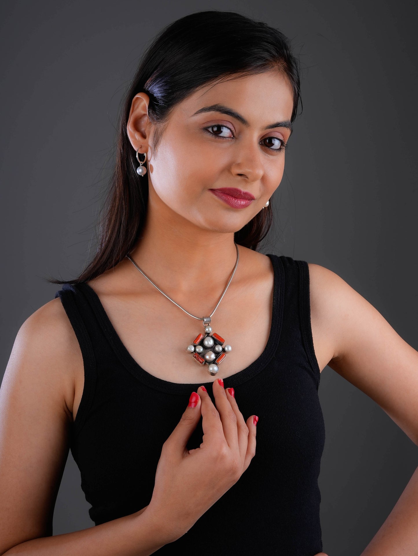 Silver Pearl And Coral Pendant