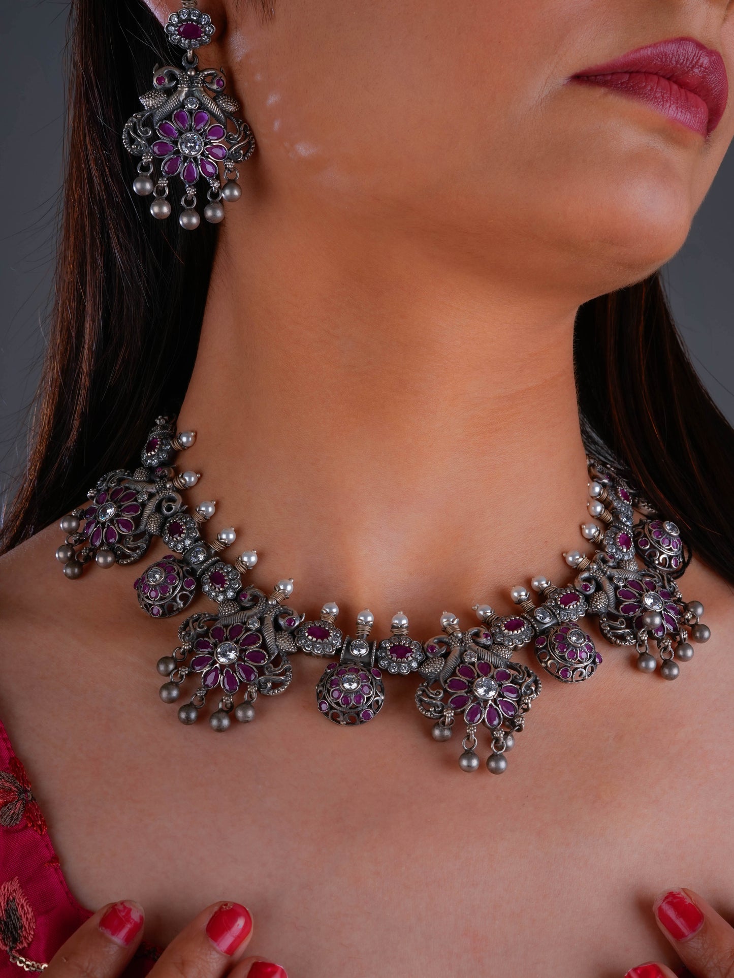 South Indian Peacock Silver Temple Necklace Set