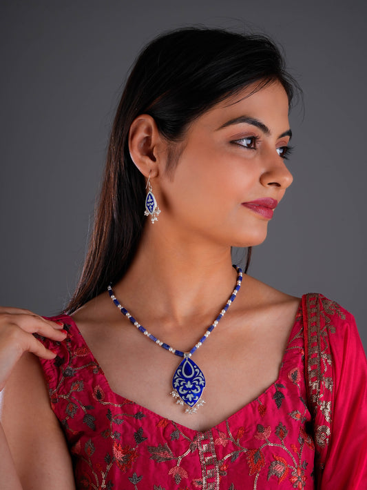 Hand Painted Neeli Kali Enamel Silver Necklace Set