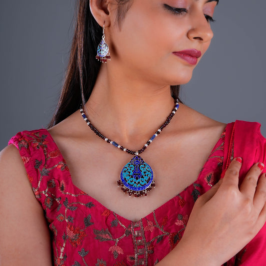 Hand Painted Blue Lotus Enamel Silver Necklace Set