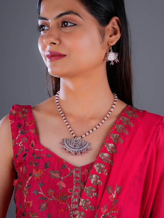 Hand Painted Chaand Enamel Silver Necklace Set