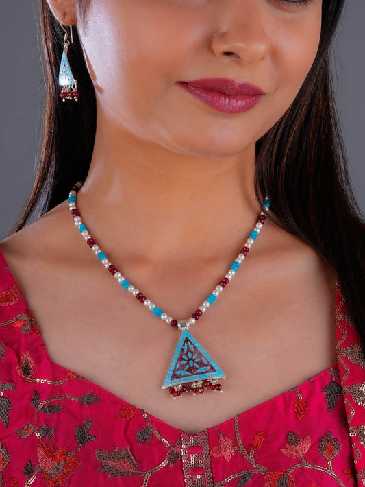 Hand Painted Mystic Triangle Enamel Silver Necklace Set