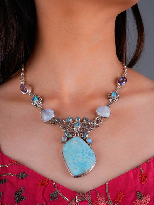 Larimar Multi Stone Silver Statement Necklace